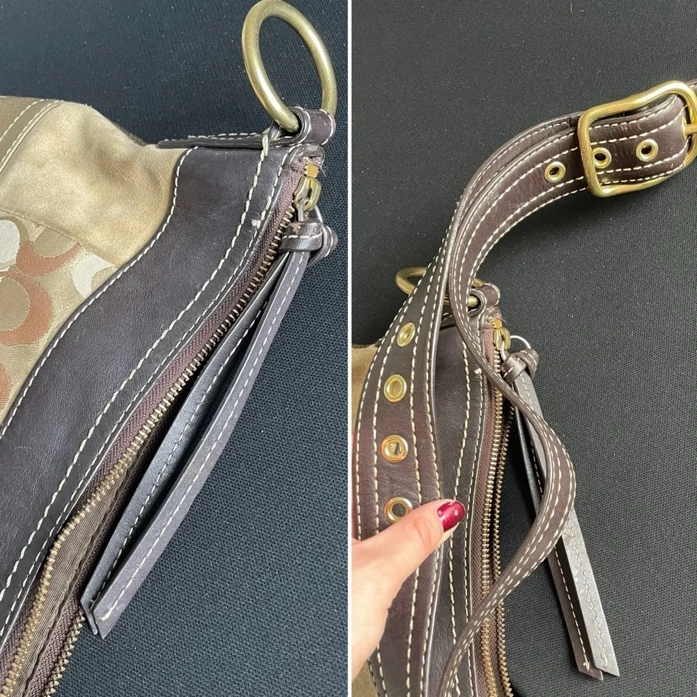 Coach Vintage Hobo Y2K Shoulder Bag Gold Brown‎ Patchwork Suede Leather Purse